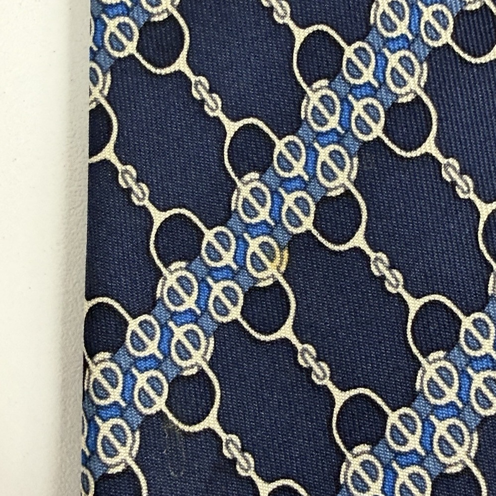 Hermes Men's Tie Chain Links Navy Blue & Khaki Silk 7077 OA 3.25" (W) x 55" (L) - Picture 7 of 8